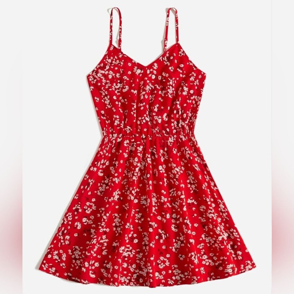 SHEIN Red Ditsy Floral Lightweight Elastic Waist V-Neck Cami Dress, Sz XL